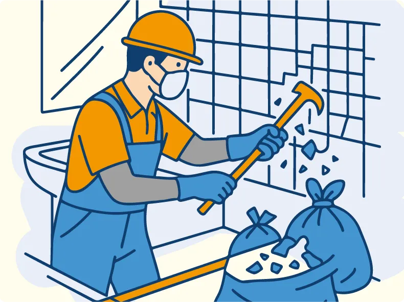 02.解体工事:既存の在来風呂を丁寧に撤去いたします。